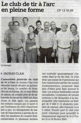 Article de Centre Presse, compte rendu de l'assemblée générale du club de tir à l'arc de Jaunay Clan et nouveau bureau.